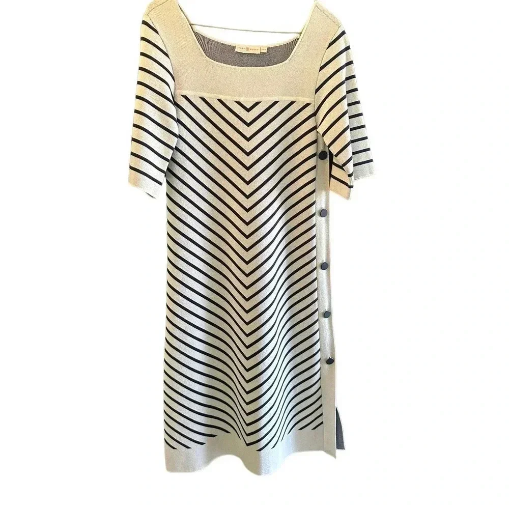Tory Burch White &‎ Blue Half Sleeve Square Neck Anya Chevron Dress Size XS